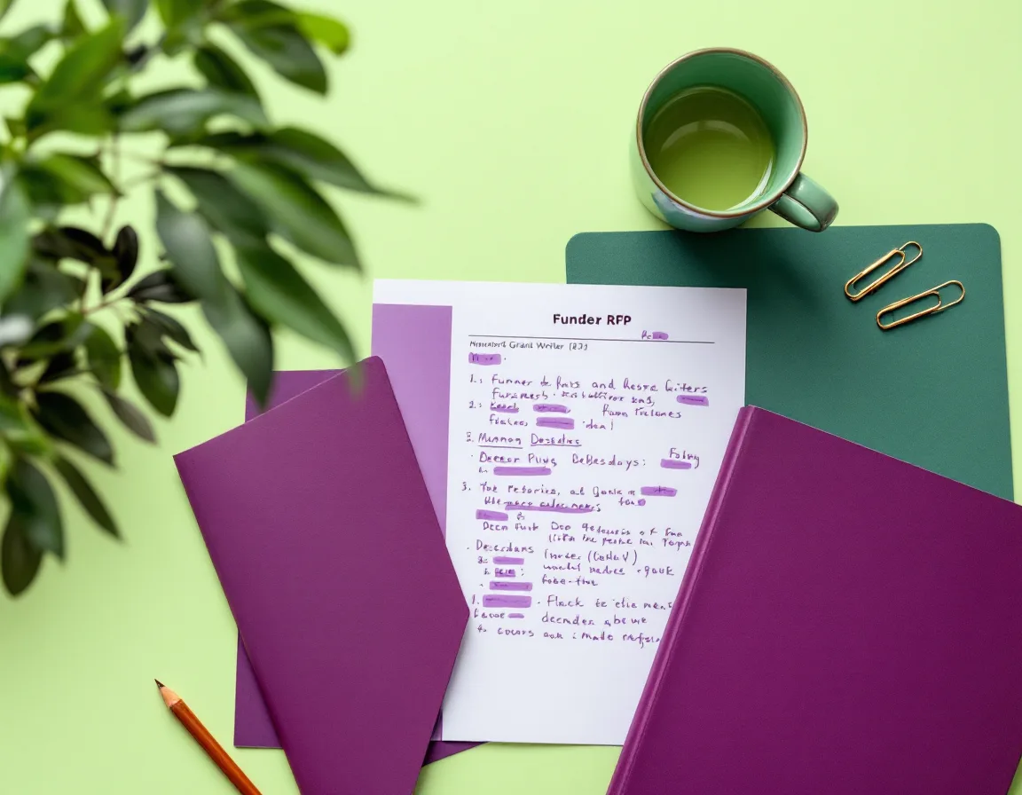 A grant writer's desk with an annotated funder application, a plum folder and a green mug